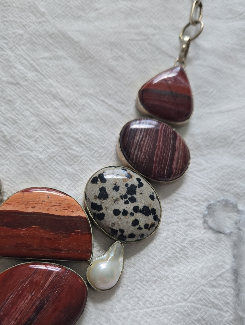 Red Jasper & Dalmatian Stone Statement Necklace with Pearl Accents - Picture 8 of 8